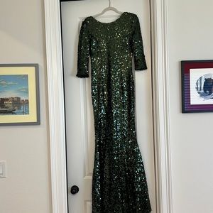 Hunter Green Sequin Fit & Flair Formal Dress with Mini Train